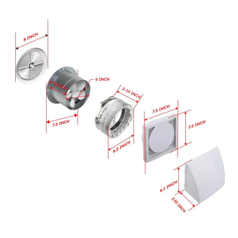 Components of Best Value 6 Inch Through Wall Exhaust Fan For Bathroom Or Kitchen With Retractable Duct Quini 80 CFM displayed