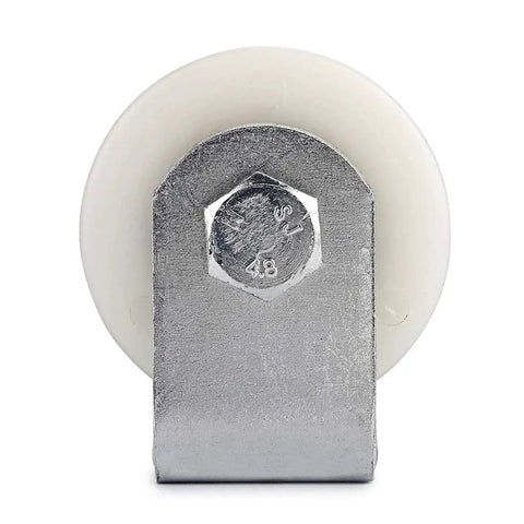 Front view of 6 Inch Slide Gate Guide Roller With Post Welded Bracket In White, UHMW Hard Nylon Roller With Sealed Ball Bearings.
