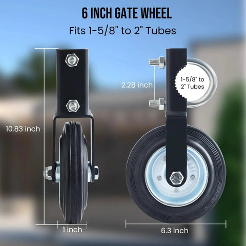 6 Inch Heavy Duty Swing Gate Wheel For One And Five Eighths To Two Inch Tubes 550 lb capacity, black steel frame and rubber wheel