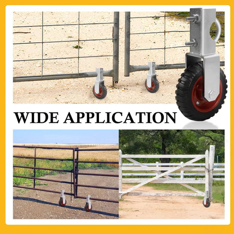6 Inch Gate Wheel Set For Farm Gates, 2 Pack Gate Support Wheels installed on farm and garden gates, preventing sagging.