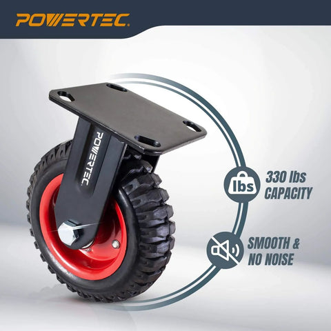 6 inch caster wheels set of 8 with heavy duty rubber knobby tread, showcasing a single swivel caster with black and red design.