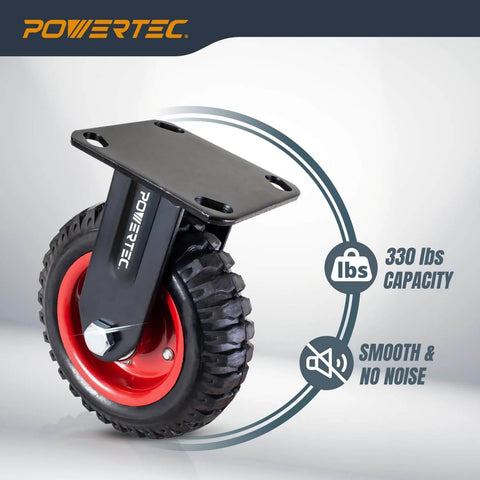 Heavy duty 6 inch caster wheel with rubber knobby tread, showcasing smooth motion and stability, 330 lbs capacity, Powertec brand.