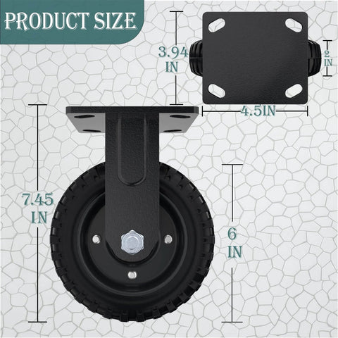 Diagram of 6 inch heavy duty caster wheel dimensions with mounting bracket, solid rubber, for outdoor use, part of set of 4, 1600lbs capacity