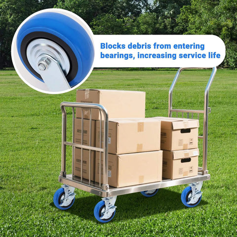 6 inch heavy duty caster wheels set of 4 rated 4500 lb total with smooth rolling design on cart loaded with boxes outdoors
