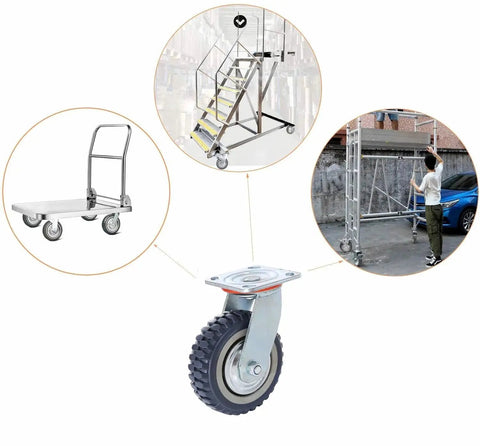6 Inch Heavy Duty Plate Casters Set Of 4 With 360 Degree Swivel And Ball Bearing For Quiet Operation 200 Kg Per Wheel 600 Kg Total Load Rust Proof PU Wheel And Iron Bracket 2 With Brake Lock And 2 Without shown with applications