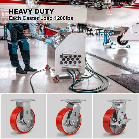 6 inch heavy duty polyurethane caster wheels with brakes, industrial swivel casters in a 4 pack rated for 4800 lb load capacity
