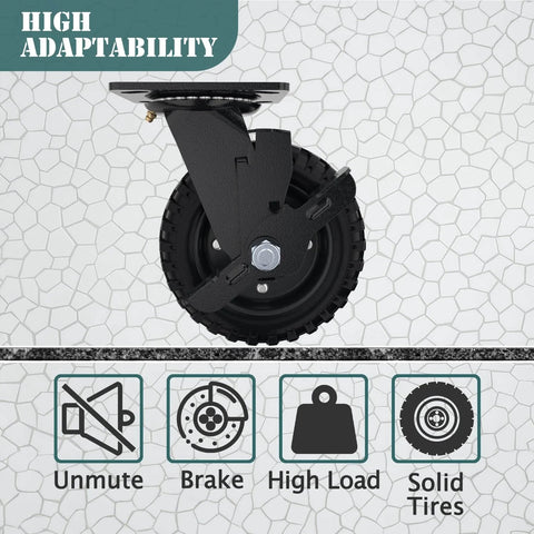 Side view of a 6 Inch Swivel Heavy Duty Caster Wheel with Brake 800lb Solid Rubber Black Rim showcasing adaptability features