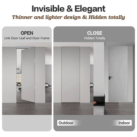 Hidden Door Hinges 6 Inch Stainless Steel Pack Of Two Concealed Hinges with 180 Degree Swing shown on open and closed doors