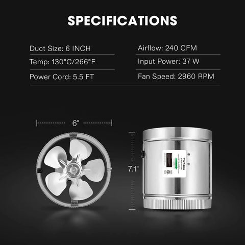 Powerful 6 Inch Inline Duct Fan 240 CFM For HVAC Ventilation With Low Noise, side and front view, specifications shown