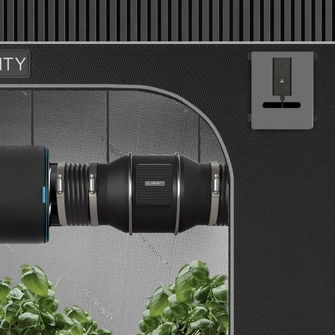 Cloudline Pro S6 6 Inch Inline Duct Fan installed in grow tent for ventilation, connected to hydroponic setup. Black finish.