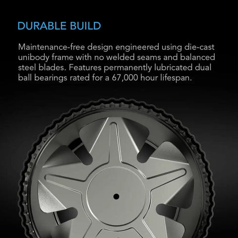 6 Inch Inline Booster Duct Fan With Variable Speed Controller For Basements Bathrooms Kitchens And Workshops Low Noise HVAC Blower To Boostin Airflow And Ventilation AC Infinity RAXIAL S6, motor close-up view, gray die-cast design, durable build