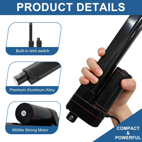 Hand holding 6 Inch 6" Stroke Linear Actuator IP65 Waterproof Heavy Duty 12V 3000N/660lbs Maximum Lift with aluminum alloy and built-in switch