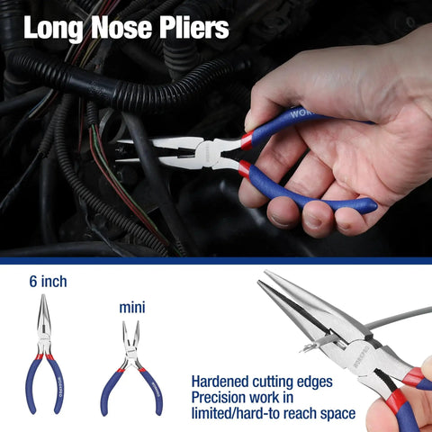 Hand using 6-inch long nose pliers from 7-Piece Pliers Set With Groove Joint, Long Nose, Slip Joint, Linesman And Diagonal Pliers For DIY And Home Use