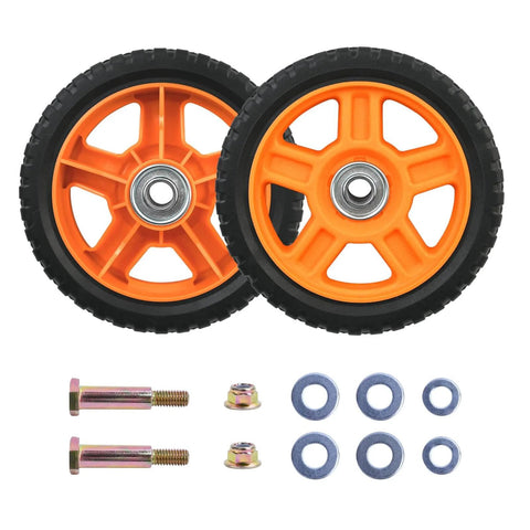 6 Inch Lawn Mower Wheels for Push Mowers, Plastic PU Wheels with Bolts & Nuts, 6x1-1/2 Size, 1/2 Inch Bore, 2 Pack displayed