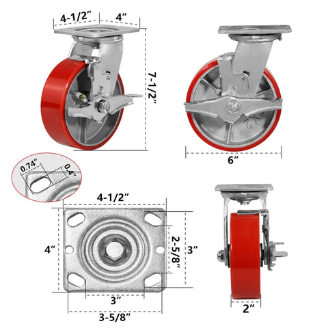 6 inch heavy duty polyurethane caster wheels with brakes, industrial swivel casters in a 4 pack rated for 4800 lb load capacity, dimensions shown.