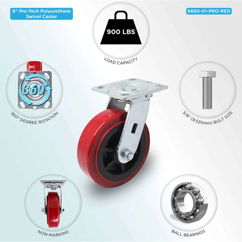 6 inch x 2 inch polyurethane non marking heavy duty swivel casters with red industrial wheels, 4 pack rated for 3600 lb total load capacity, close-up view