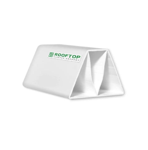 White PVC rooftop pipe support block, 6-inch, dual-channel interior, 4-pack.