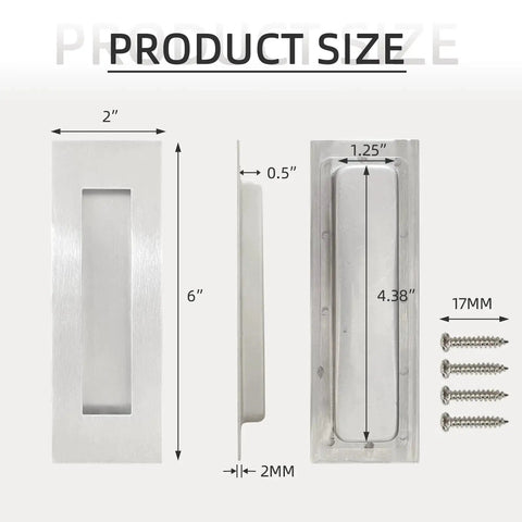 6 Inch Recessed Finger Flush Pulls For Pocket Doors Sliding Doors Closets And Barn Doors Hardware In Brushed Nickel Silver Made From 304 Stainless Steel With Moisture Proof And Rust Resistant Construction, Wear Resistant, Heavy Duty And Durable, 2 Pack, with dimensions and screws shown