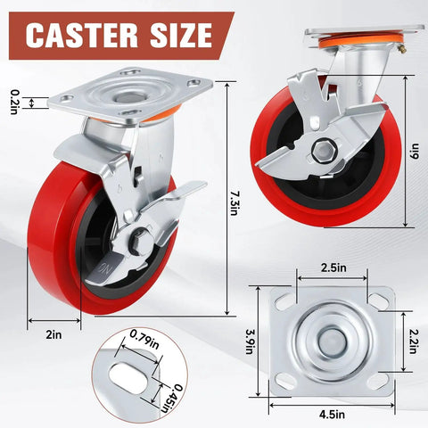 6 Inch Industrial Heavy Duty Caster Wheels Set Of 4 With Polyurethane Surface TPE Casters Load Capacity 5000 Lbs dimensions