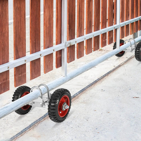 6 Inch Rubber Rolling Gate Wheel With Double U Bolts And Hardware Kit Sliding Gate Rollers For Driveway Gates Chain Link Fence And Metal Tube Gates Stainless Steel Plate 550 Lb Capacity Durable Outdoor Hardware, shown installed on metal gate