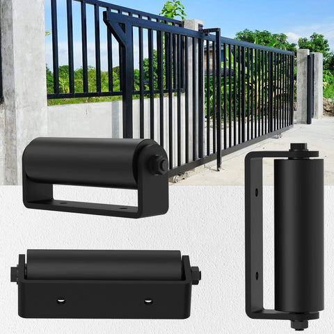 6 Inch Sliding Gate Guide Rollers 2 Pack with C Post Welded Bracket, heavy duty nylon rollers, installed on metal gate.