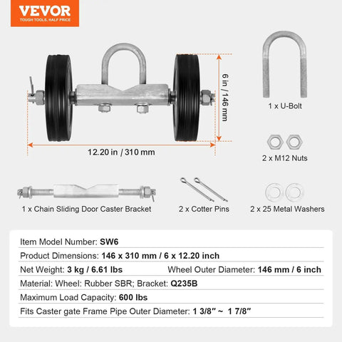 Sliding Gate Kit 6 Inch Rolling Gate Hardware Kit Universal, showing dimensions, components, and 600 lbs load capacity.