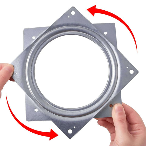 Hands holding 6 Inch Heavy Duty Steel Lazy Susan Turntable, Square Low Profile Rotating Tray with Steel Ball Bearings for smooth 360 rotation.