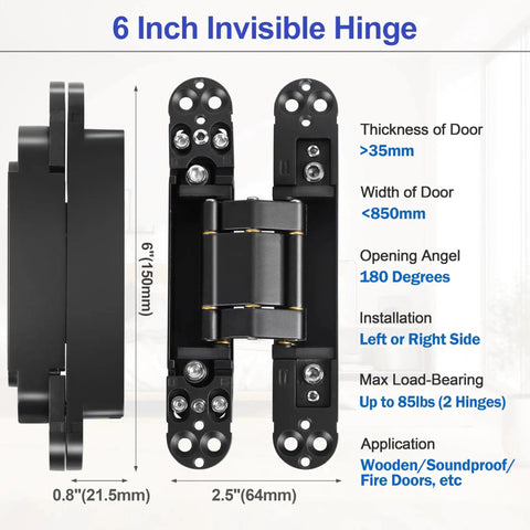 Specifications of Two Kit Set Of 6 Inch Stainless Steel Hidden Door Hinges for Doors With 180 Degree Swing, showing dimensions and load