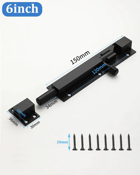Heavy duty 6 inch slide bolt gate latch made from solid 304 stainless steel with a black electroplating finish, includes screws