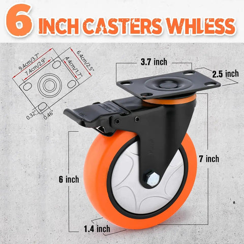 6 Inch Heavy Duty Swivel Caster Wheels With Brake Set Of 4 3000 Lbs Capacity PVC No Noise No Marking For Furniture Carts