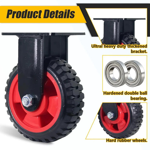 Six Inch Caster Wheels Set With Two Swivel And Two Fixed Heavy Duty Swivel Plate Casters Knobby Rubber Tread For Stable Grip On Workbenches Dollies Carts Trolleys Wagons And Chicken Coops Large Rubber Castors close-up view with hard rubber wheel and metal bracket.