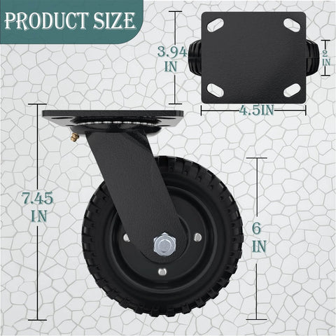 Top and side view of ✝️ Swivel heavy duty caster wheel, 6 inch*2, 800lb capacity, black rim, solid rubber, cast iron, outdoor, flat free