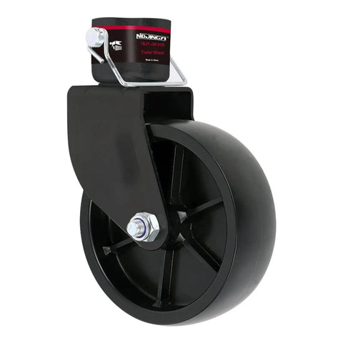 Side view of a 6 Inch Trailer Swivel Jack Caster Wheel With Pin Base 1200 Lbs Capacity For Boat Hitch And Camper, black poly wheel.