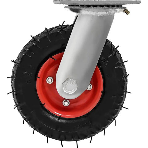 Close-up of a heavy-duty 4 Pack 6 Inch Swivel Pneumatic Air Caster Wheel with knobby tread and red hub for industrial use.