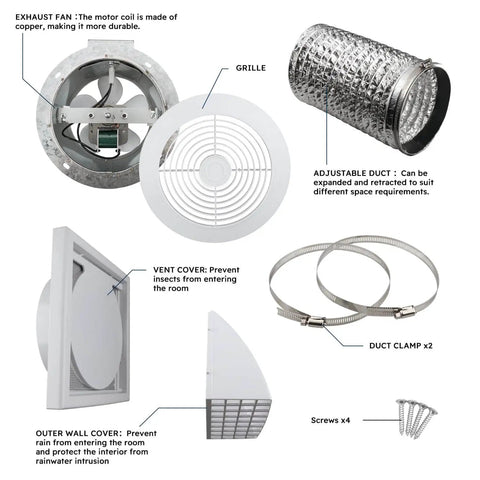 Best Value 6 Inch Through Wall Exhaust Fan For Bathroom Or Kitchen With Retractable Duct Quini 80 CFM 4 Sones components