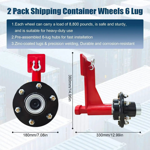 Container Wheel Kit With 6-Lug Axles And Heavy Duty Ratchet Tie Downs For Moving 20 To 40-Foot Shipping Containers displayed with dimensions and features.
