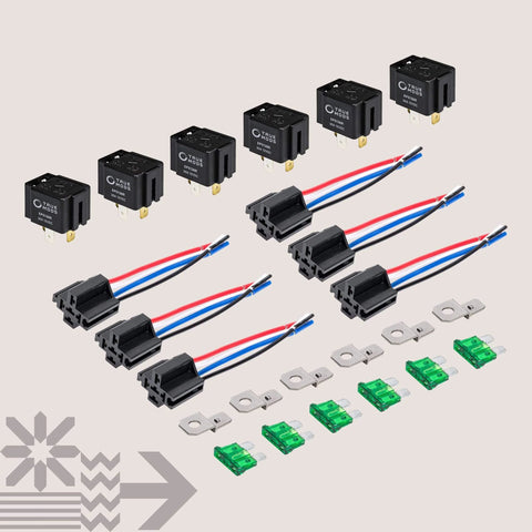 6 Pack 4 Pin 12V Bosch Style Fused Relay Switch Kit With 30A Fuse And 14 AWG Wires, Interlocking Harness Socket Holder, SPST Automotive Relays