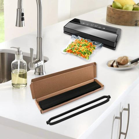 Black vacuum sealer gasket replacement set for Geryon E2900/E2901/E5700, 6-pack, shown with sealer on kitchen counter