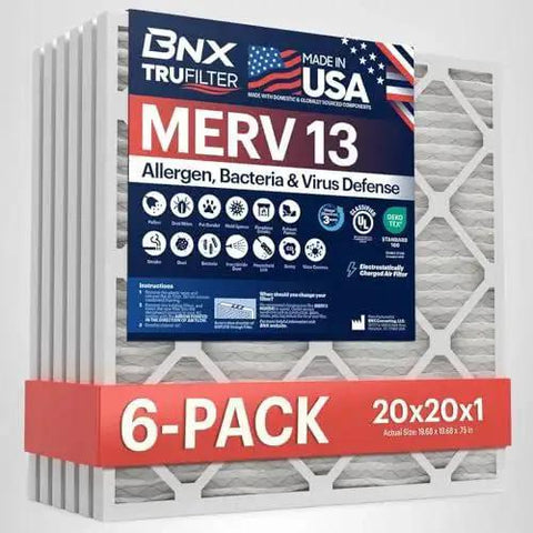 Experience cleaner air with a 6-pack of 20x20x1 MERV 13 electrostatic pleated filters that capture pollen, mold, bacteria, smoke and allergens while maintaining low pressure drop for efficient HVAC performance and easy replacement.