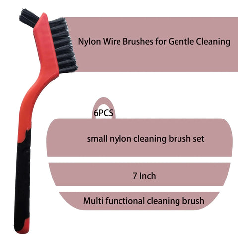 Red and black 6-Pack Nylon Cleaning Brushes for Delicate Surfaces & Daily Cleaning, ergonomic handle, non-scratch bristles, mini head.