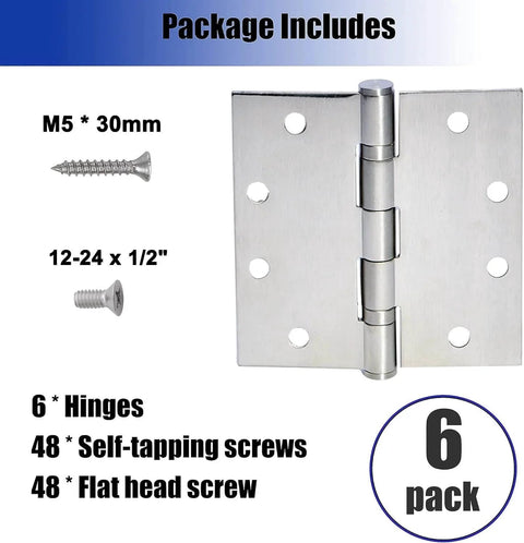 6-Pack 4.5 inch X 4.5 inch Heavy Duty Commercial Door Hinge Thickened, with Silent Steel Plain Ball Bearing, Thickness 3 mm Stainless Steel Door Hinges, Square Corners with 48 Screws, Silver, package includes six hinges and screws display