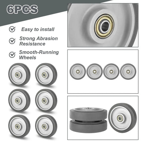 Image showing 6-Piece Shopping Cart Wheel Replacement Kit with 5-Inch Wheels Axles Bolts Washers, nylon/polyurethane, grey, bearings.