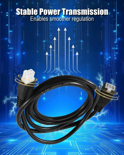 6 Pin Male To Female Standing Desk Connection Cable with power transmission text and arrows, showing stable power link.