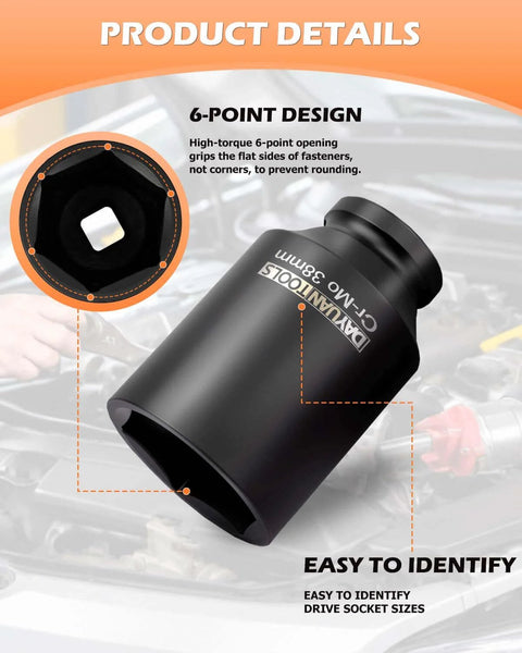 Close-up of 9 Pcs Axle Nut Hub Impact 1/2" Drive Socket 38mm showing 6-point design with vehicle background