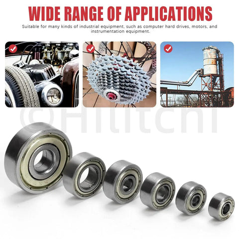 Deep Groove Ball Bearing Assortment Kit, 60 Pieces In 6 Sizes, displayed with various applications in industrial equipment.
