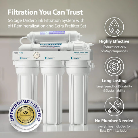 APEC ROES-PH75 Essence 6-stage under-sink reverse osmosis system with stages 1-3 pre-filters, white