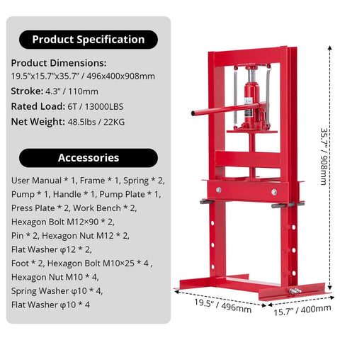 6 Ton Hydraulic Shop Press with Plate, Adjustable H-Frame, red benchtop design, specifications and dimensions displayed