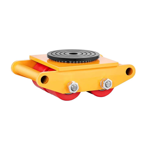 Side view of 6 Ton Machine Skate Dolly with 360 degree rotating cap, rated for 13228 lbs, yellow steel body, PU directional rollers