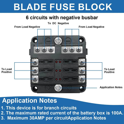 Front view of 6 Way 12V Waterproof Fuse Box Holder With LED Indicator, 6 Circuit Blade Fuse Block For Automotive Truck Boat Marine RV