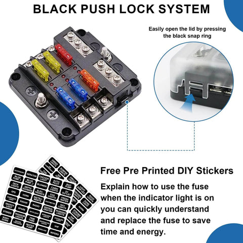 6 Way 12V Waterproof Fuse Box Holder With LED Indicator shown with labels and close-up of black push lock system.